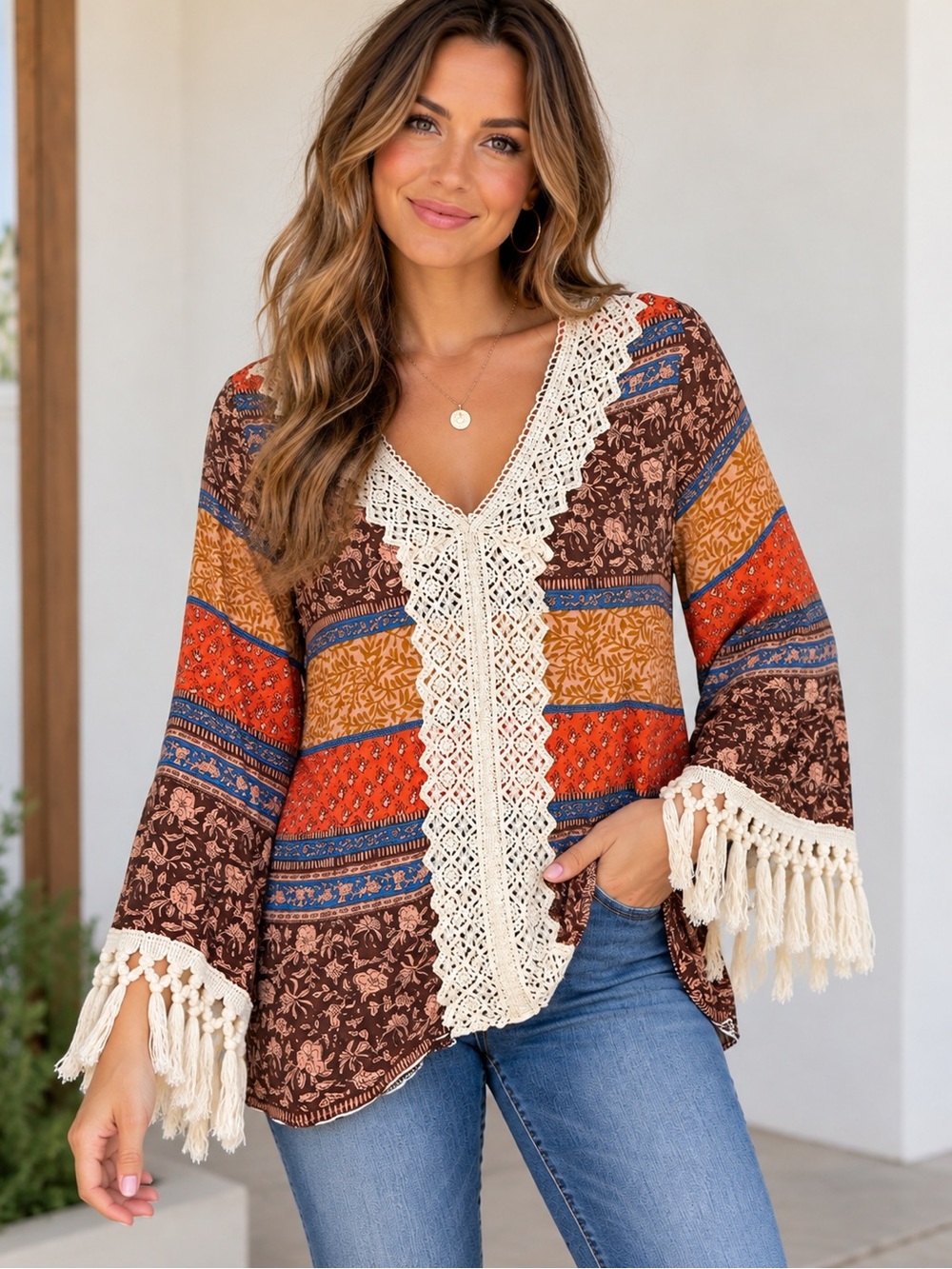Boho Crochet Fringe Bell Sleeve Patchwork Top Medium